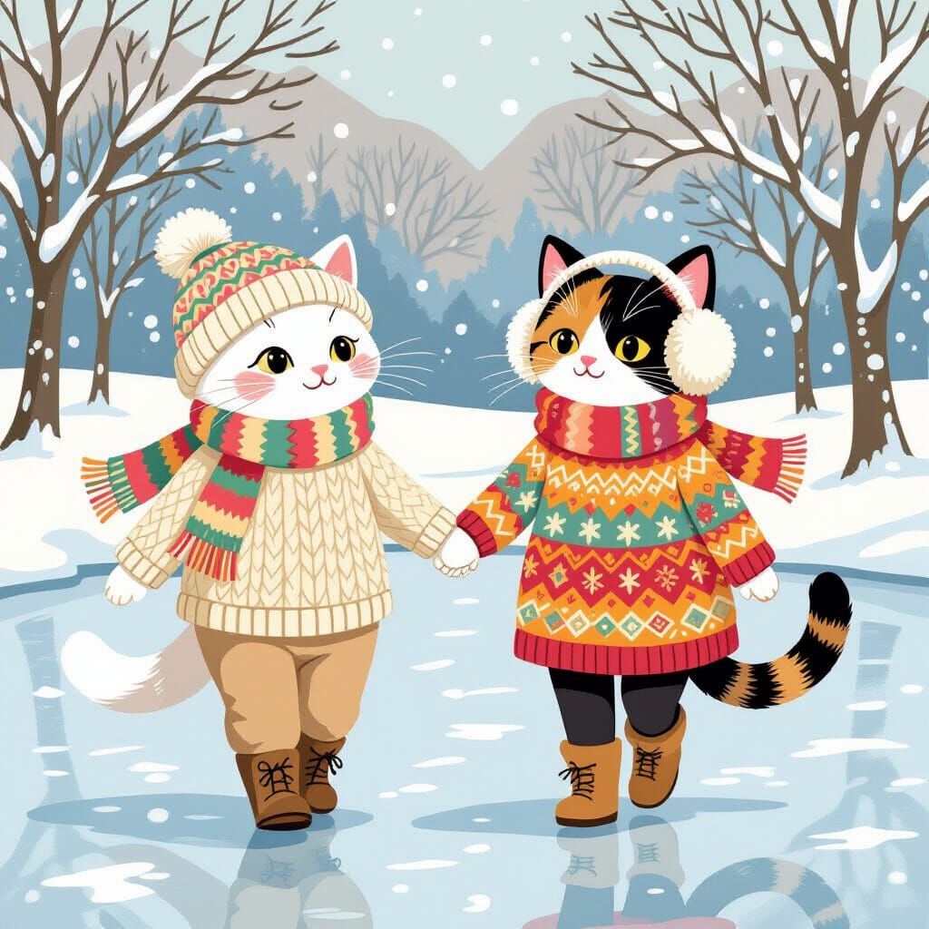 Cats Skating on a Frozen Pond Winter Scene