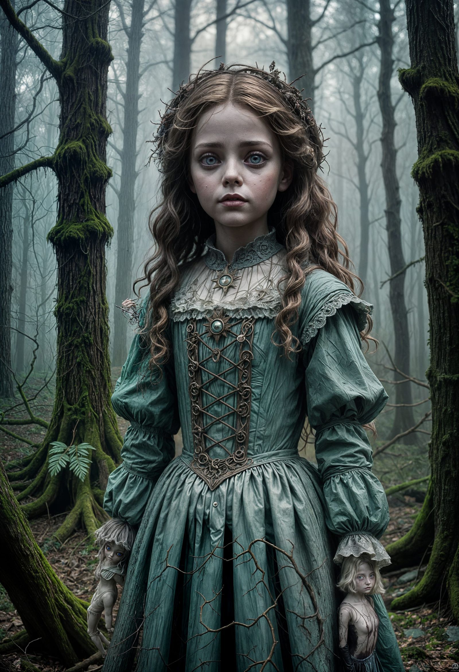 Ethereal Horror Doll in a Dreamlike Forest
