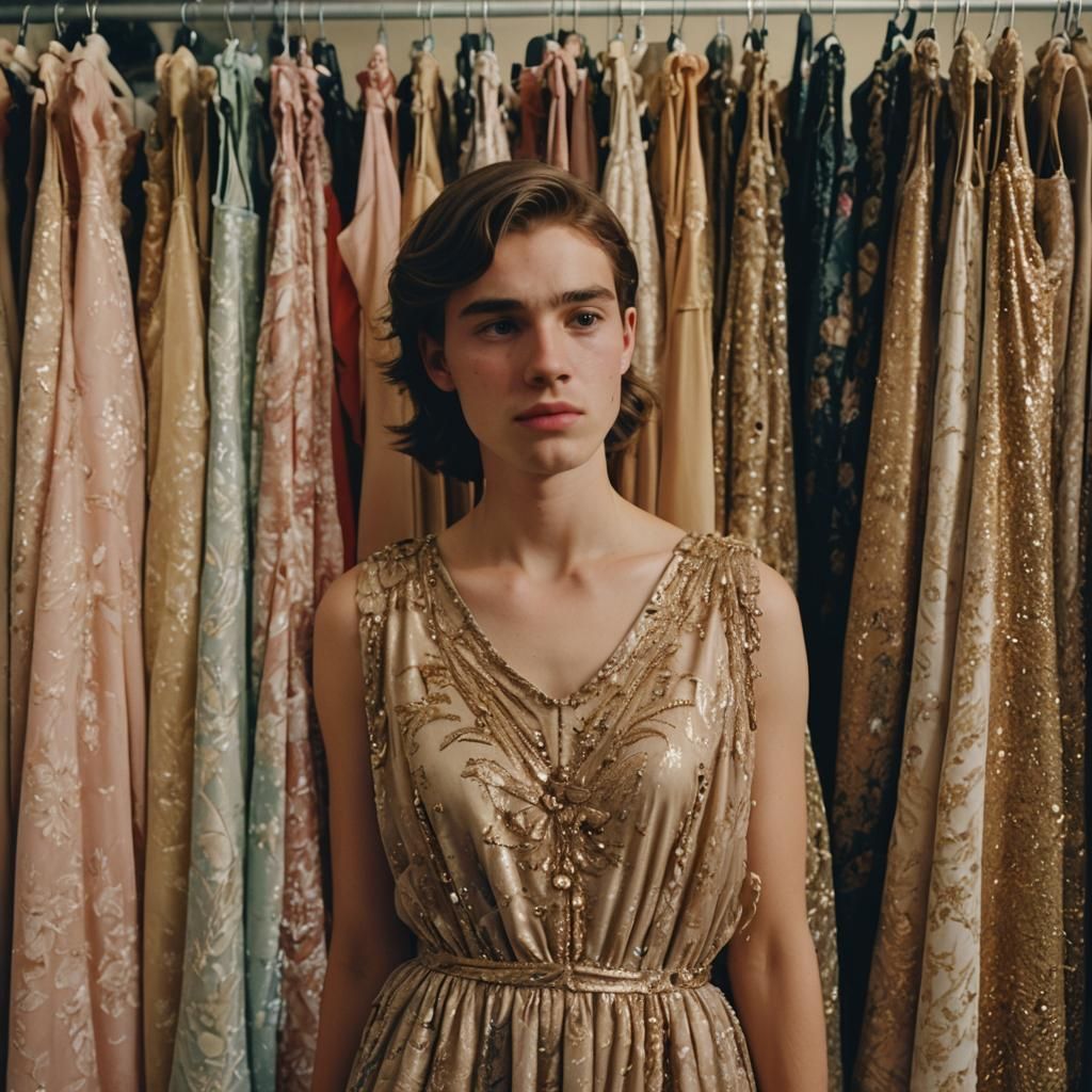 Boy Hiding in Dress Shop, Cinematic Film Still
