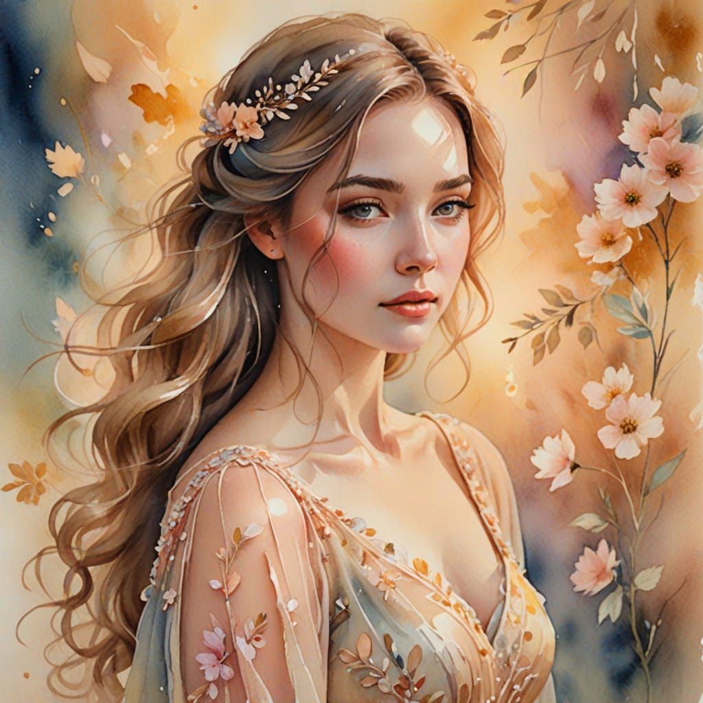 Ethereal Woman with Flowers in Watercolor Style