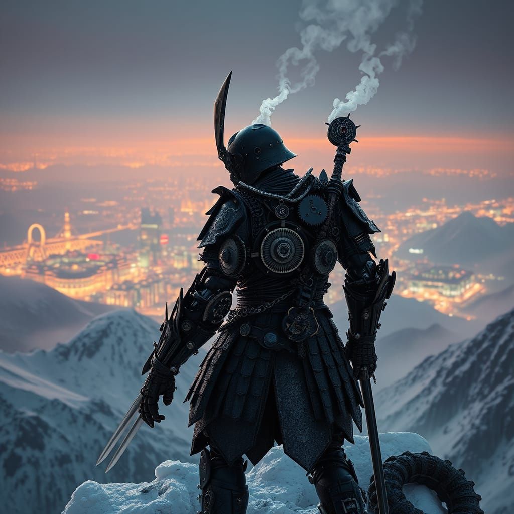 Gothic Cyborg Samurai Gazing at Neon Cityscape
