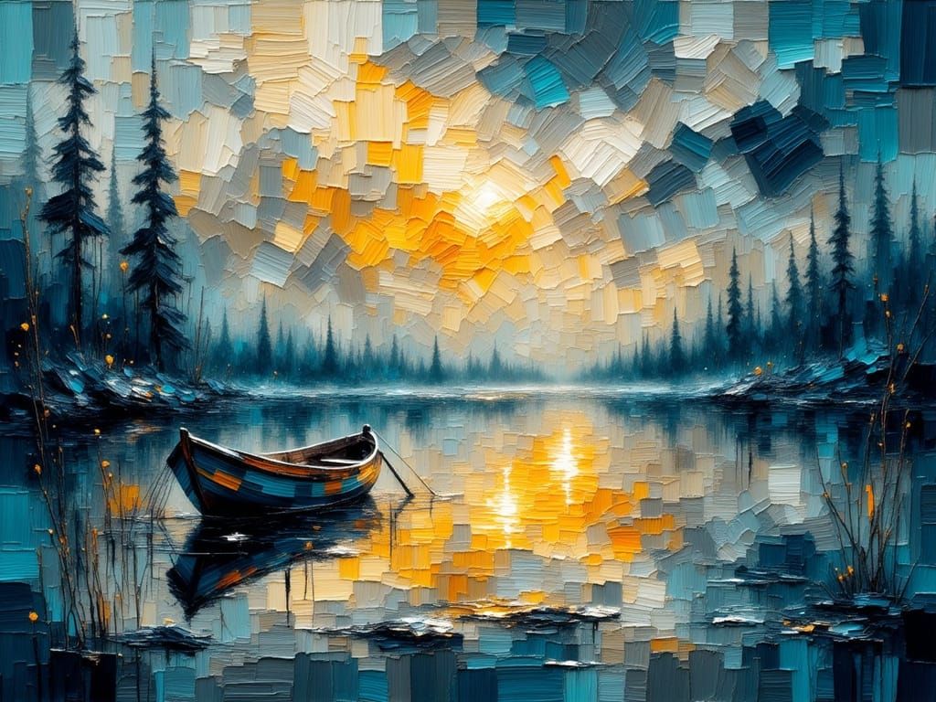 Impressionist Painting of a Rowboat on Golden Water