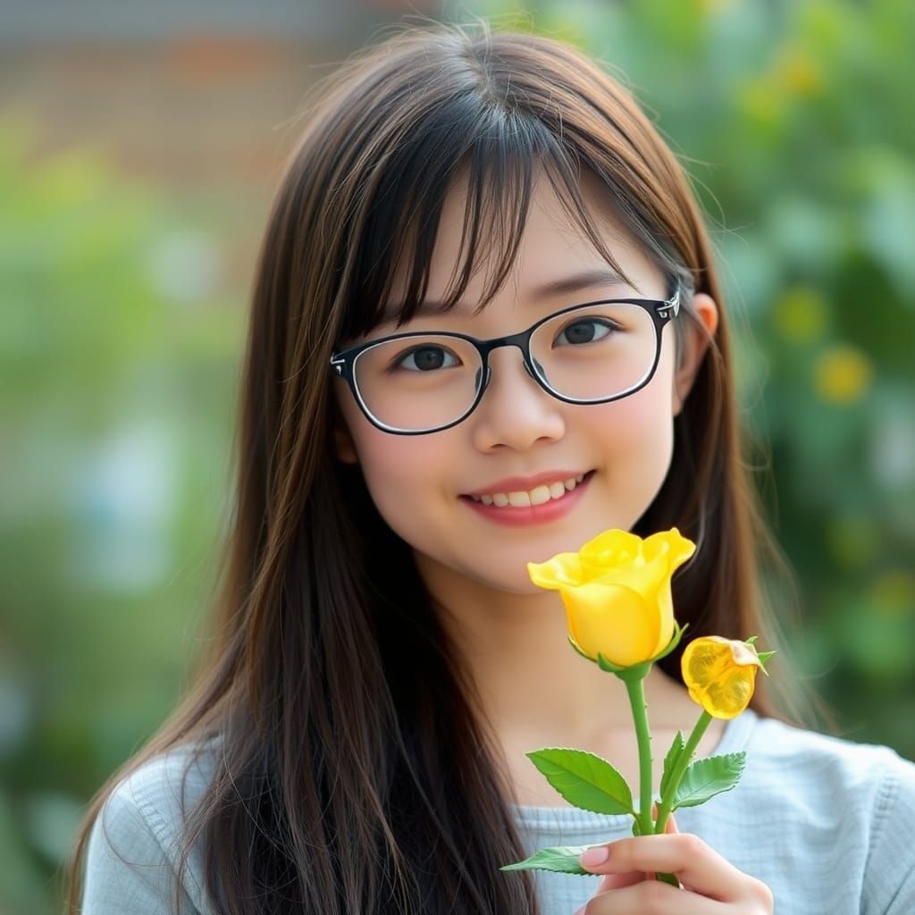 Smiling Japanese Girl Holding Yellow Rose