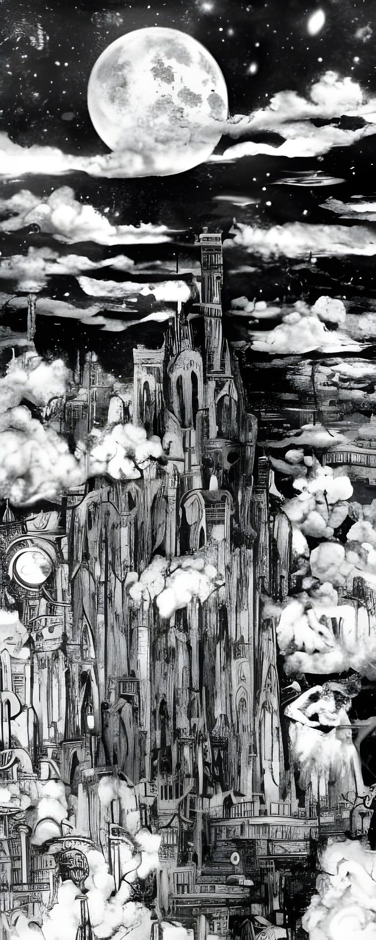 Victorian Girl on high balcony looking out over city, abstra...