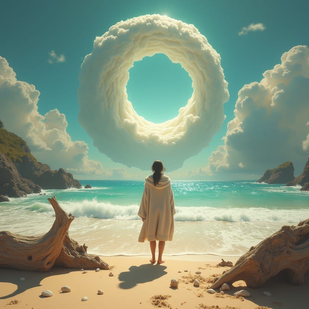 Woman Gazing at Portal on Beach, Digital Matte Painting