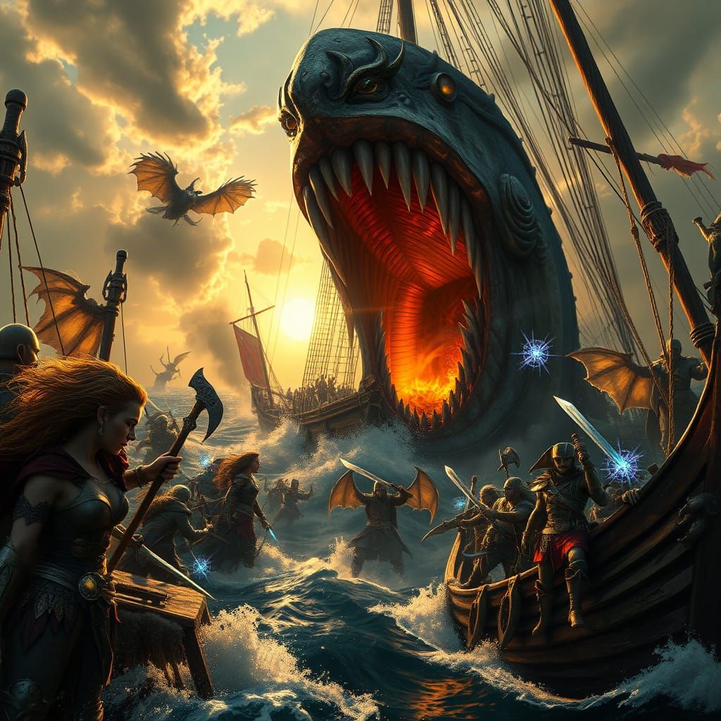 Fantasy Battle at Sea in Hyper-Realistic Style