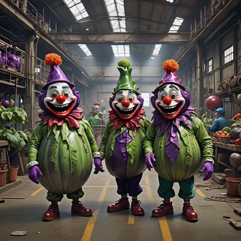 Clown-Faced Eggplants Chat in Factory, Hyper-Realistic