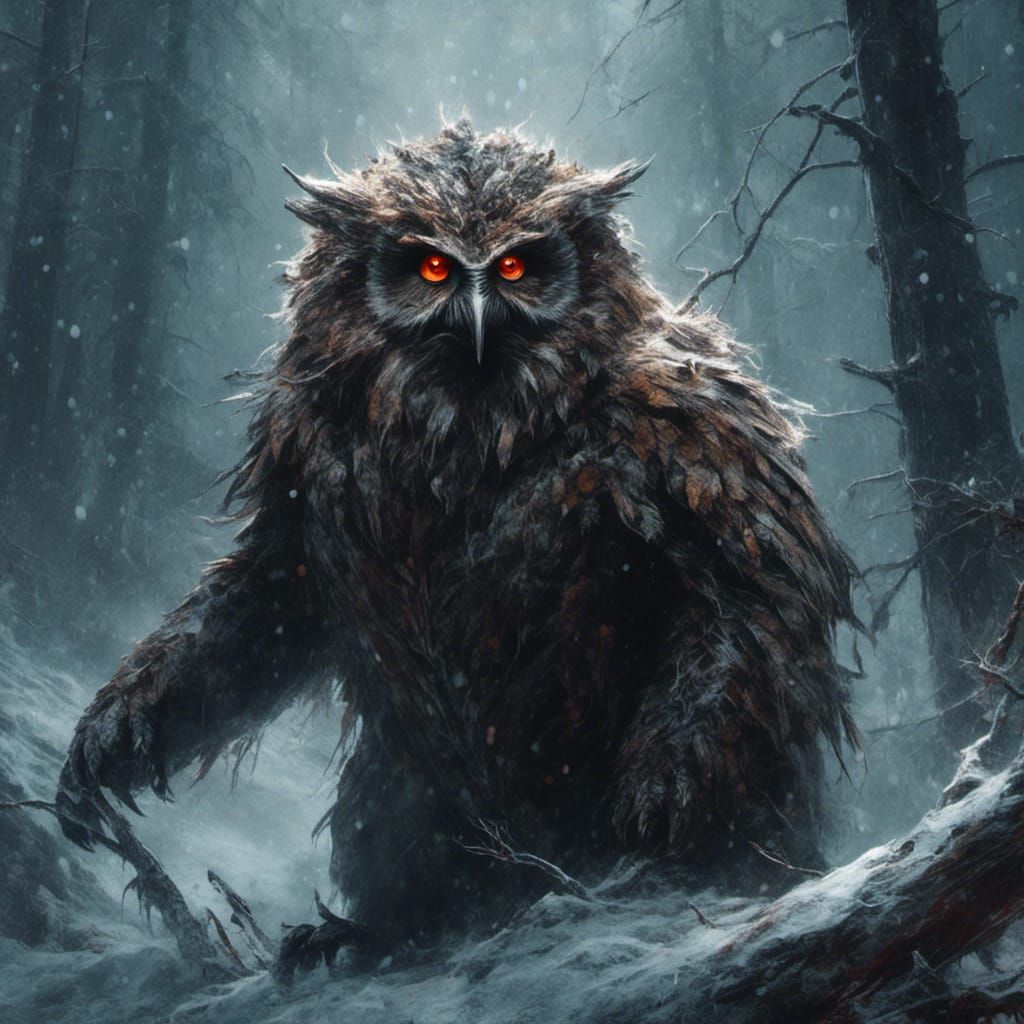 Hyperrealistic Owlbear in a Snowstorm