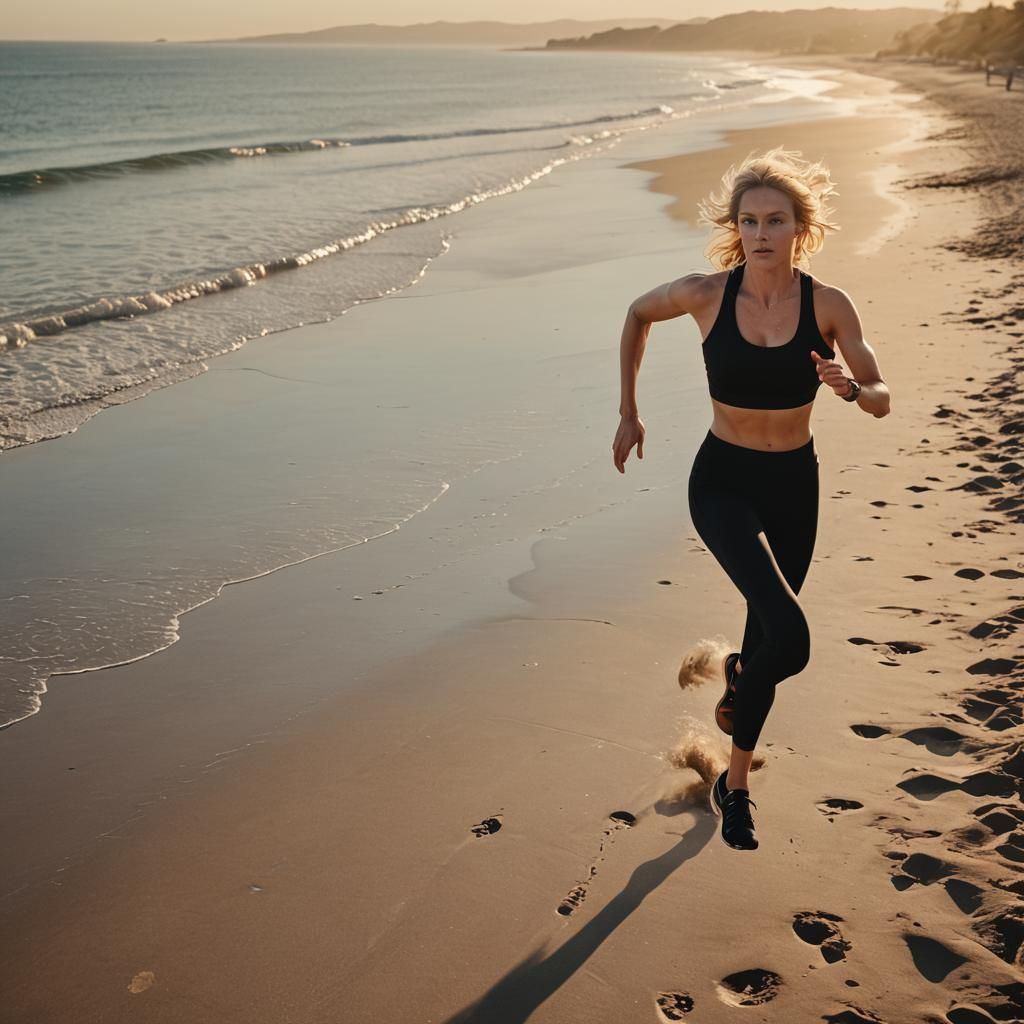 Blonde Woman Running on Beach at Sunset