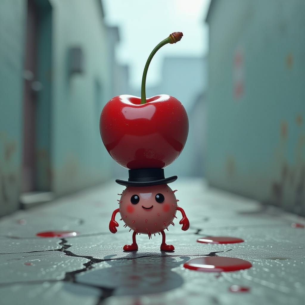 Microbe in Bowler Hat Balances Giant Cherry, Dark Fantasy St...