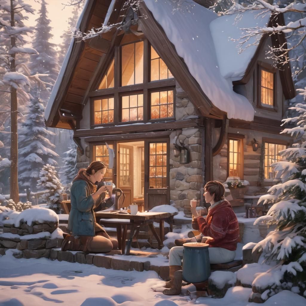Cozy Winter Cottage Scene in 3D Anime Style