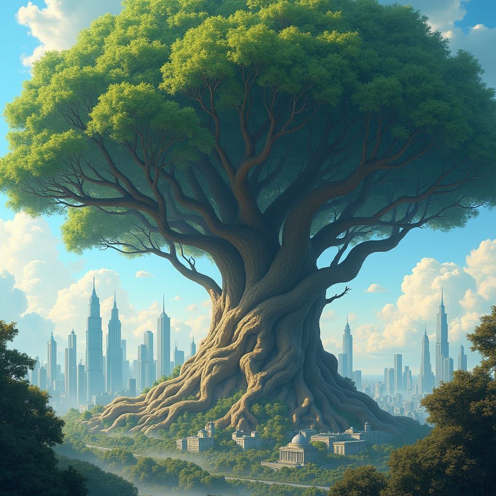 Giant Tree Shelters Thriving City: Fantasy Illustration