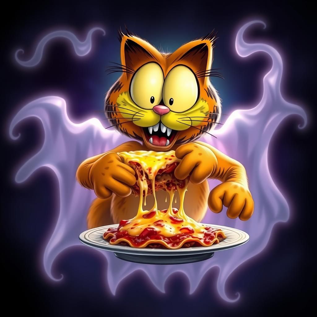 Ghostly Garfield Devours Lasagna in Spectral Scene