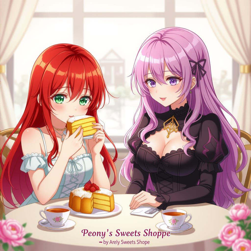 Anime Women Enjoying Castella Cake in Manga Style