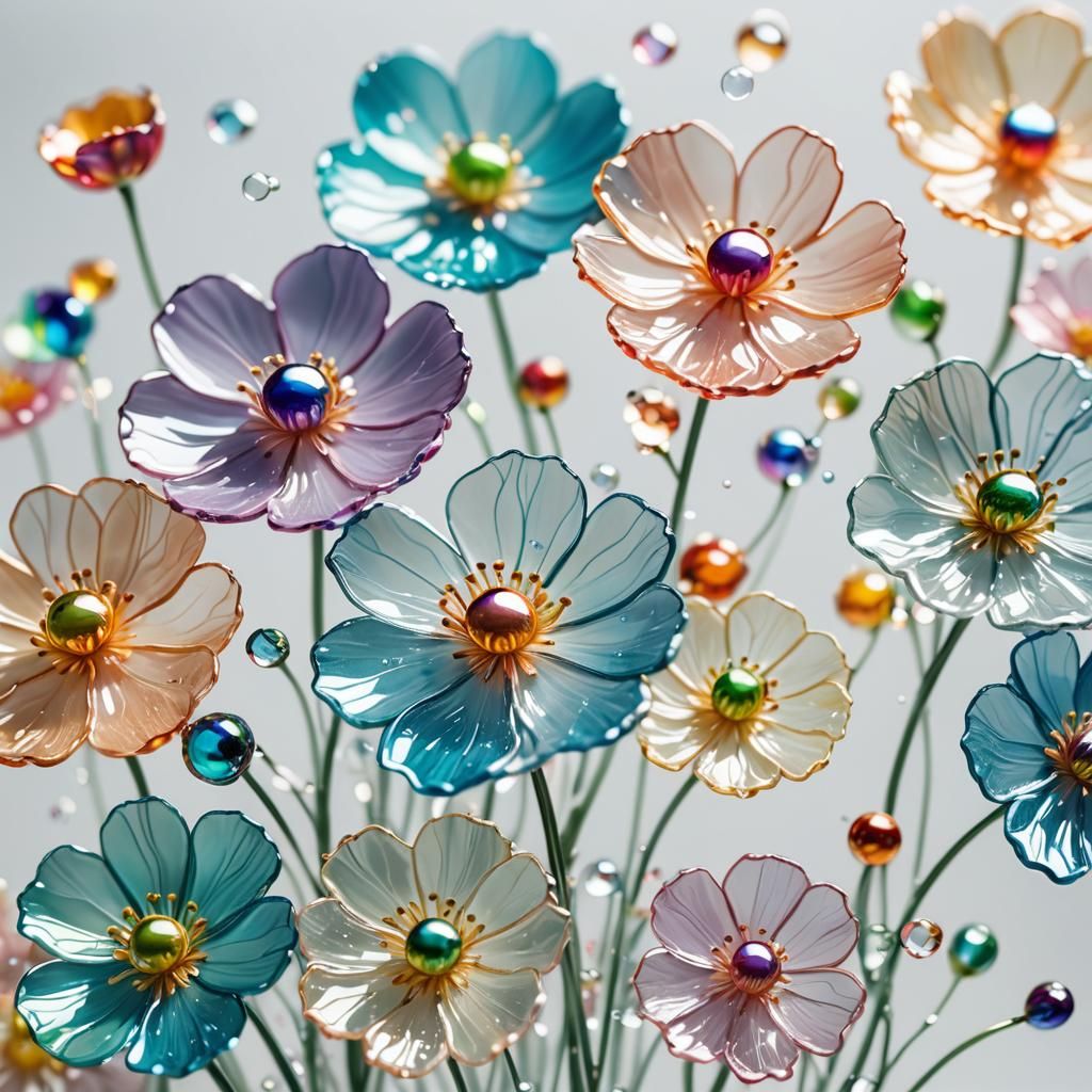 Vibrant Glass Flowers: Macro Photography in Digital Art Styl...