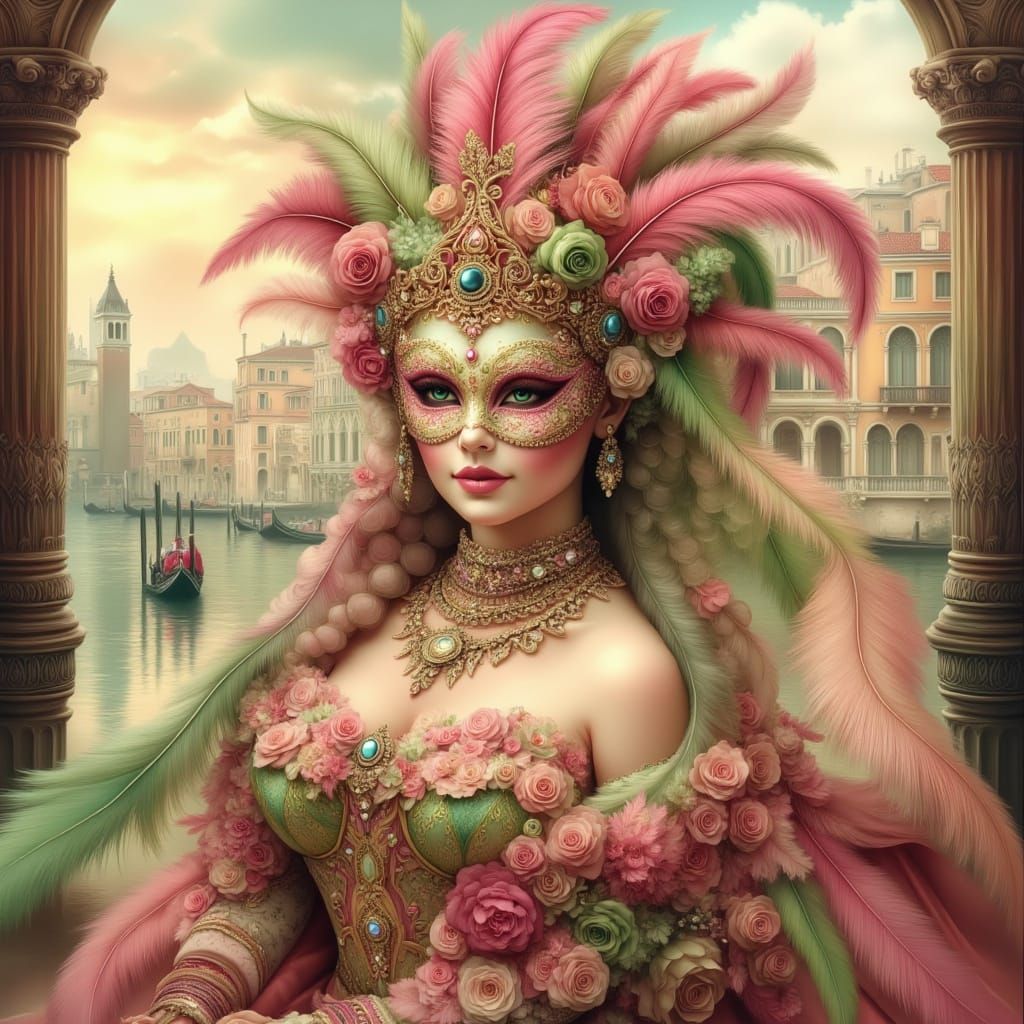 Ethereal Woman in Lavish Carnaval Mask Adorned with Feathers...