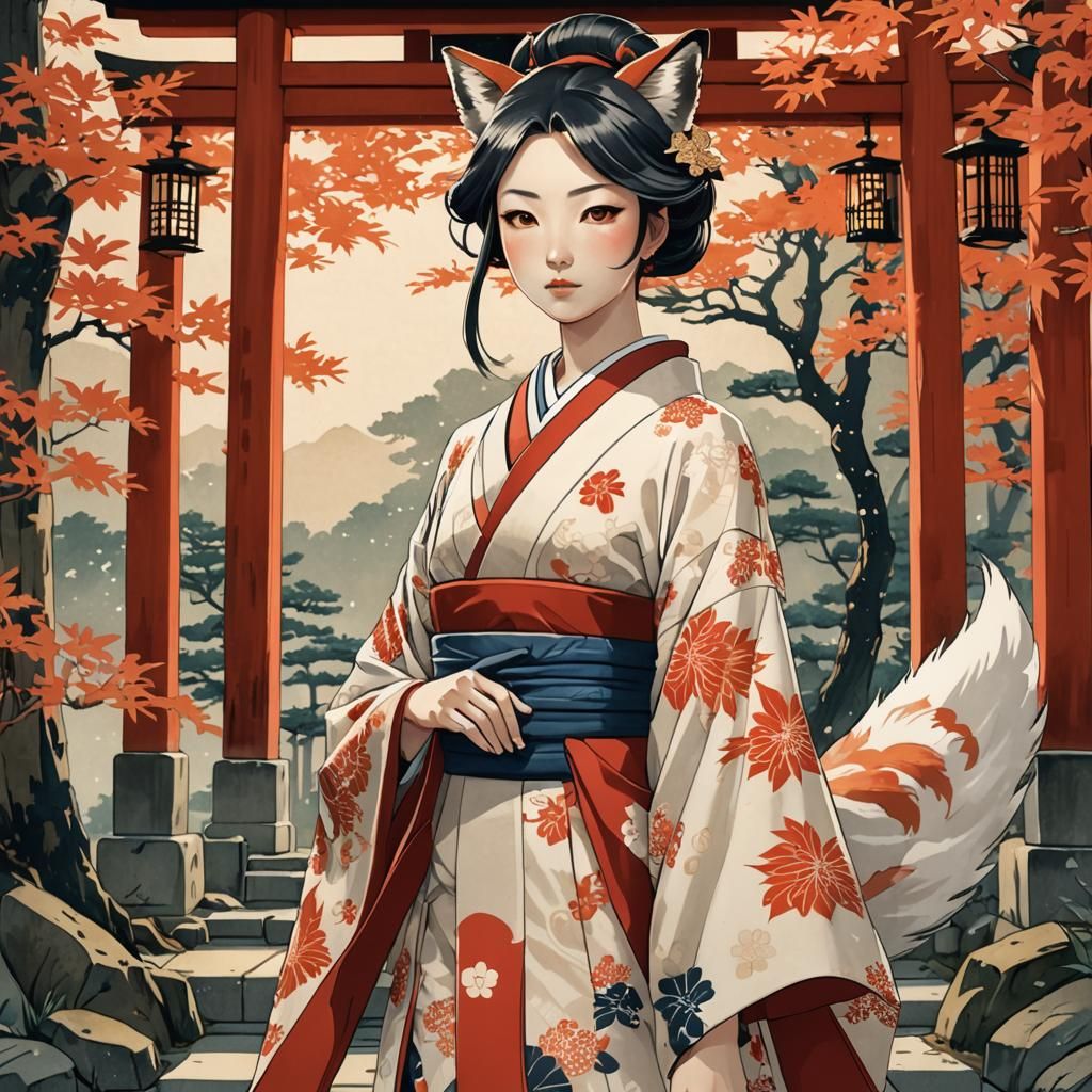 Miko with Fox Aura in Ukiyo-e Style