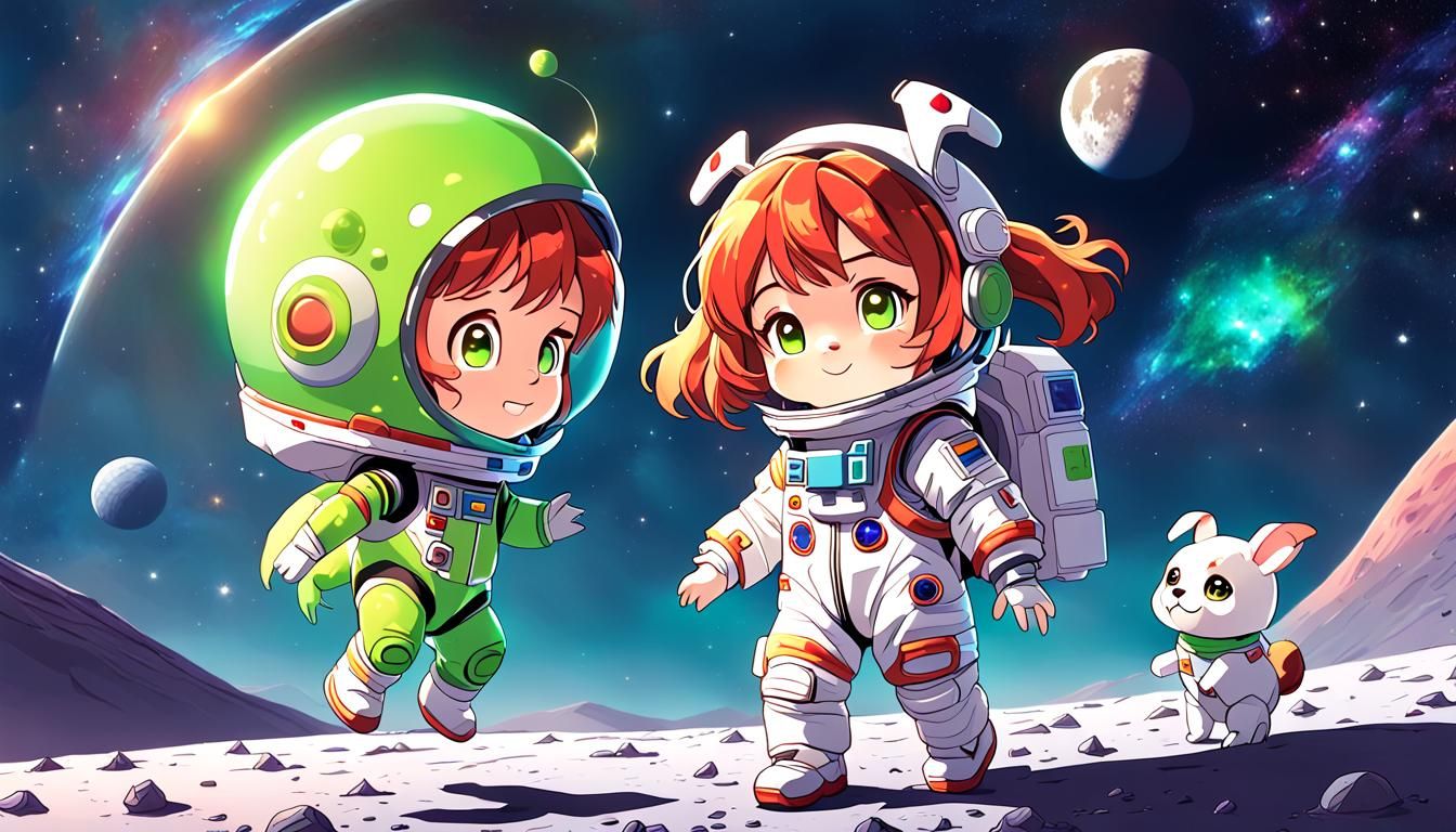 Whimsical Anime Astronaut with Alien Puppy