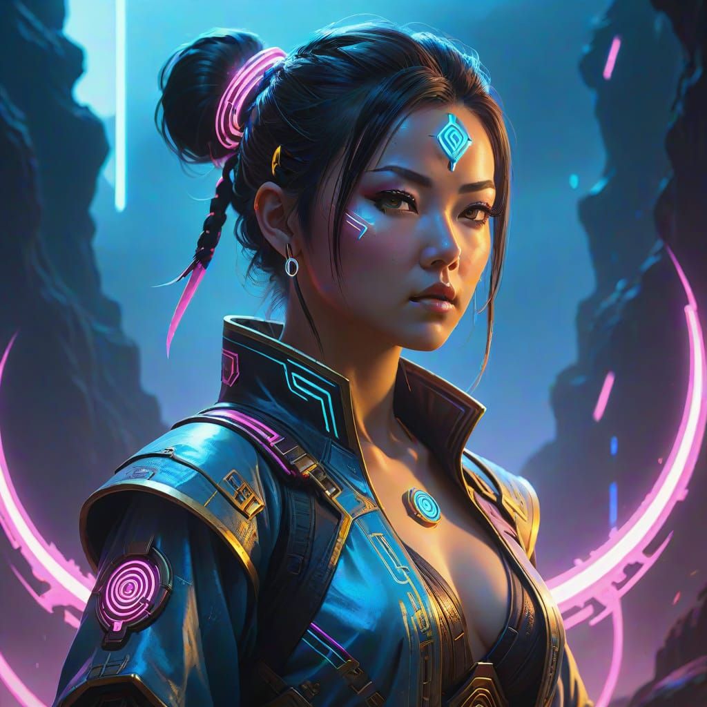 Cyberpunk Goddess Practices Taichi in Mystical Landscape