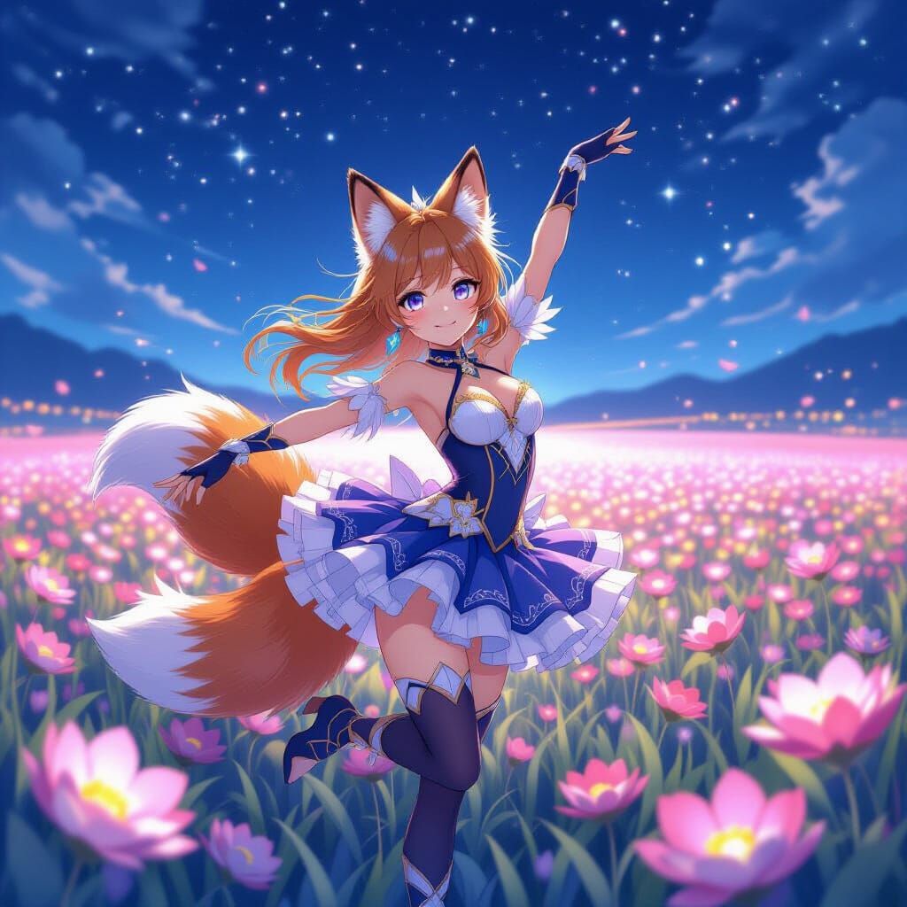 Fox Girl Dancer in Bioluminescent Flower Field