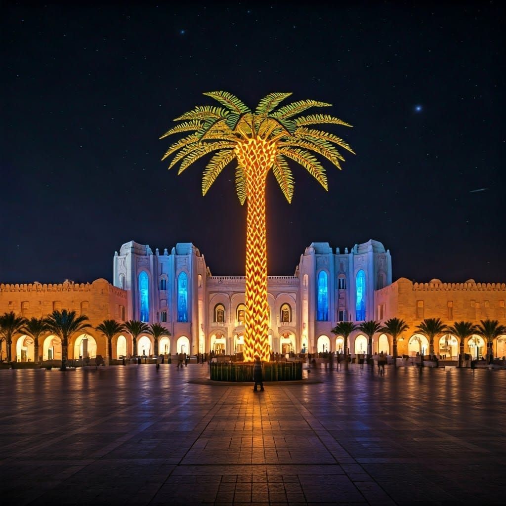 Luminous Palm Tree Sculpture in Cyberpunk City