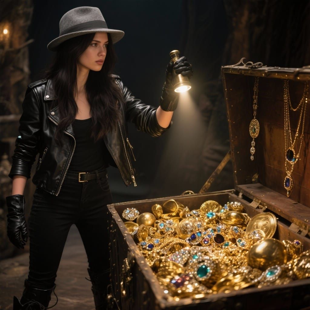 Woman Discovering Gold Treasure, Cinematic Film Style