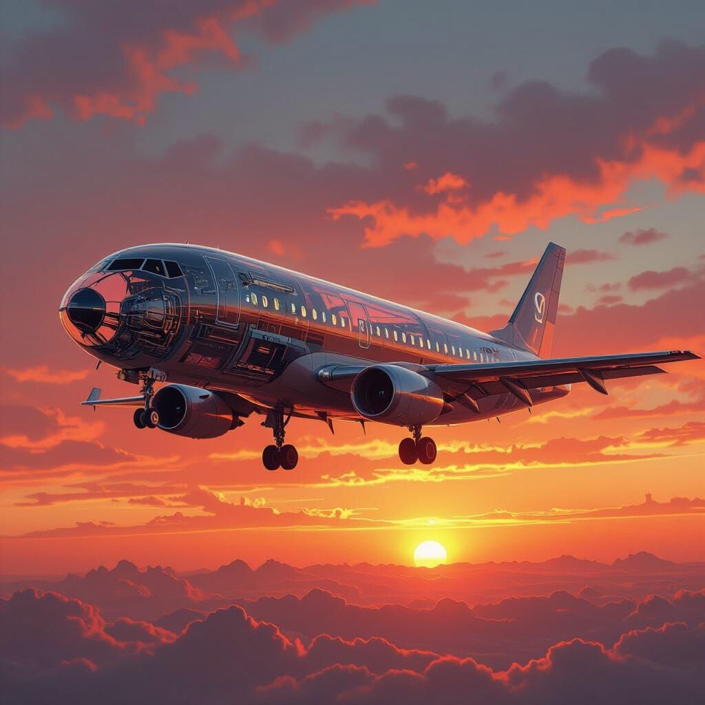 Transparent Airplane Soars Through Vibrant Sunset Sky
