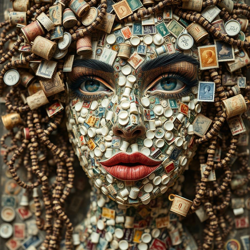 Surreal Form of Woman Composed of Micro Cups and Vintage Pos...