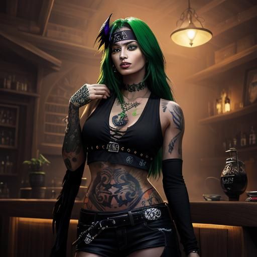 Pirate Woman with Raven Tattoo, Digital Illustration