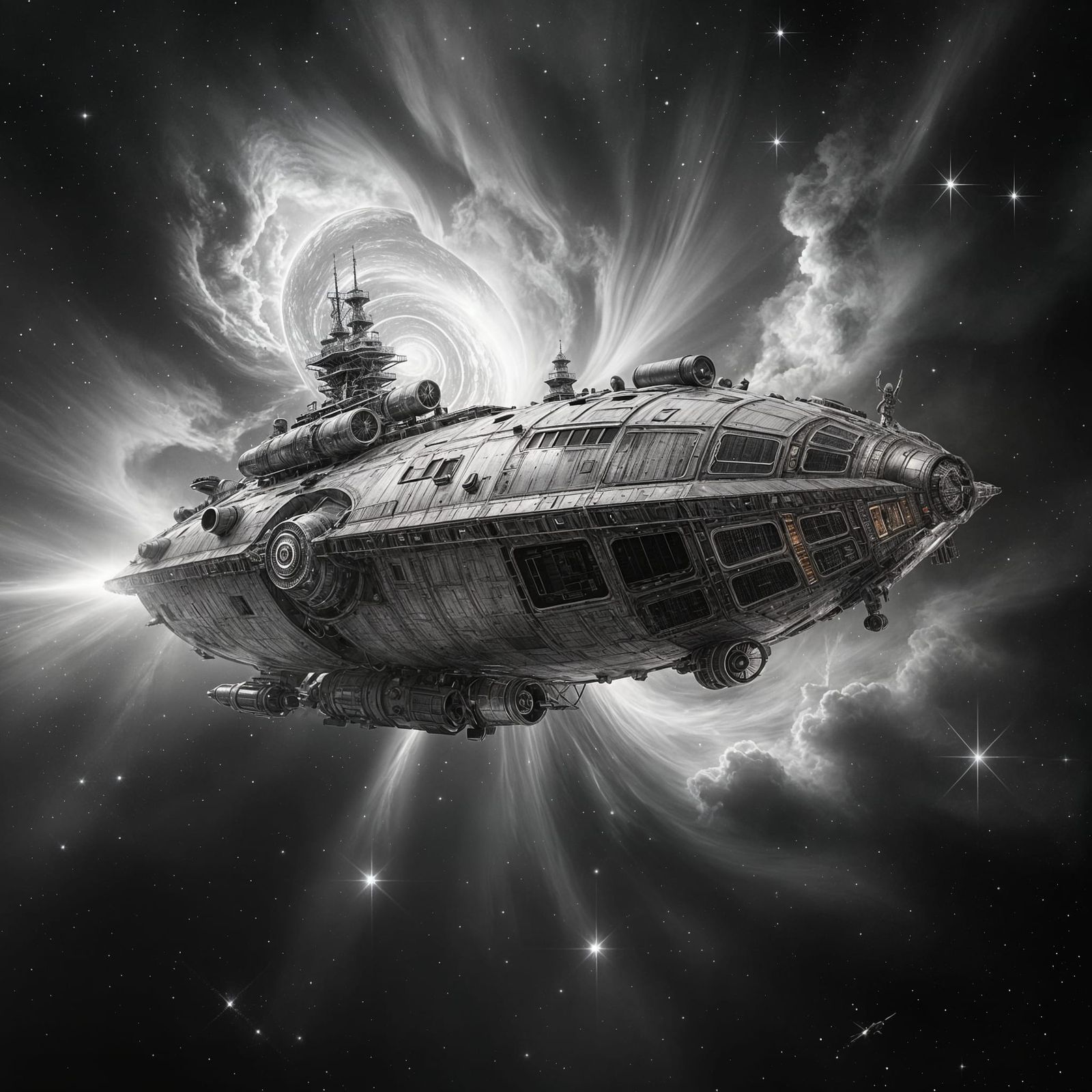 Steampunk Spaceship Emerging from Nebula in B&W Photo