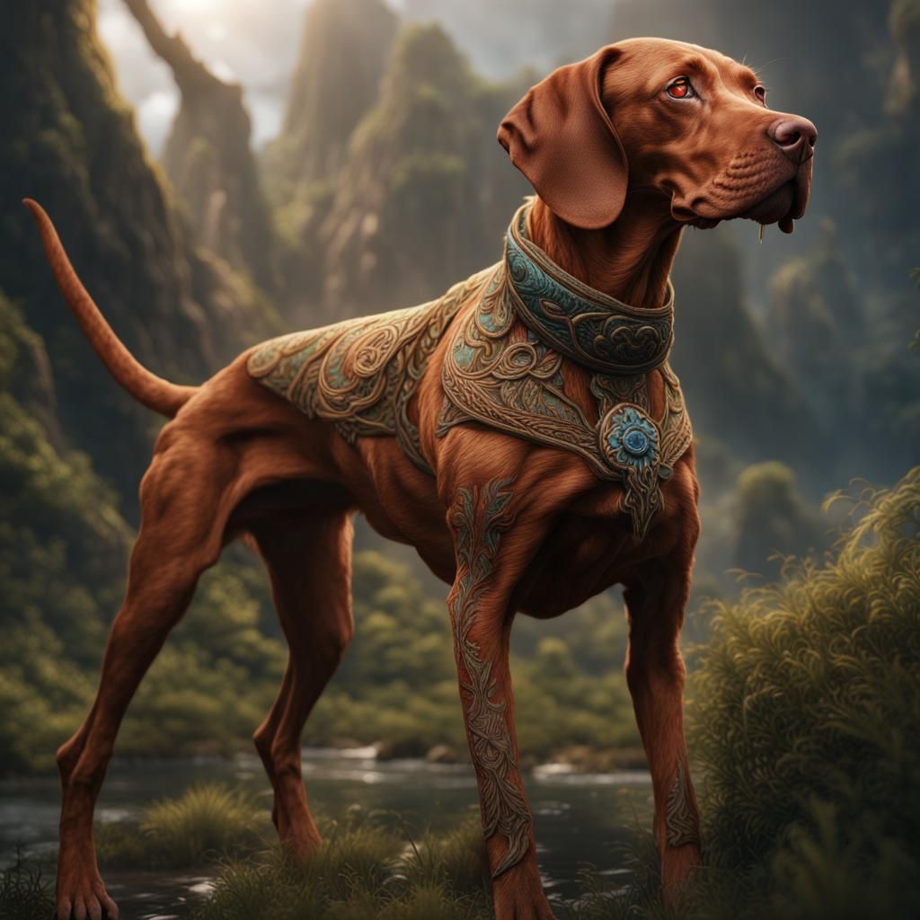Embroidered Vizsla in Detailed Matte Painting Style