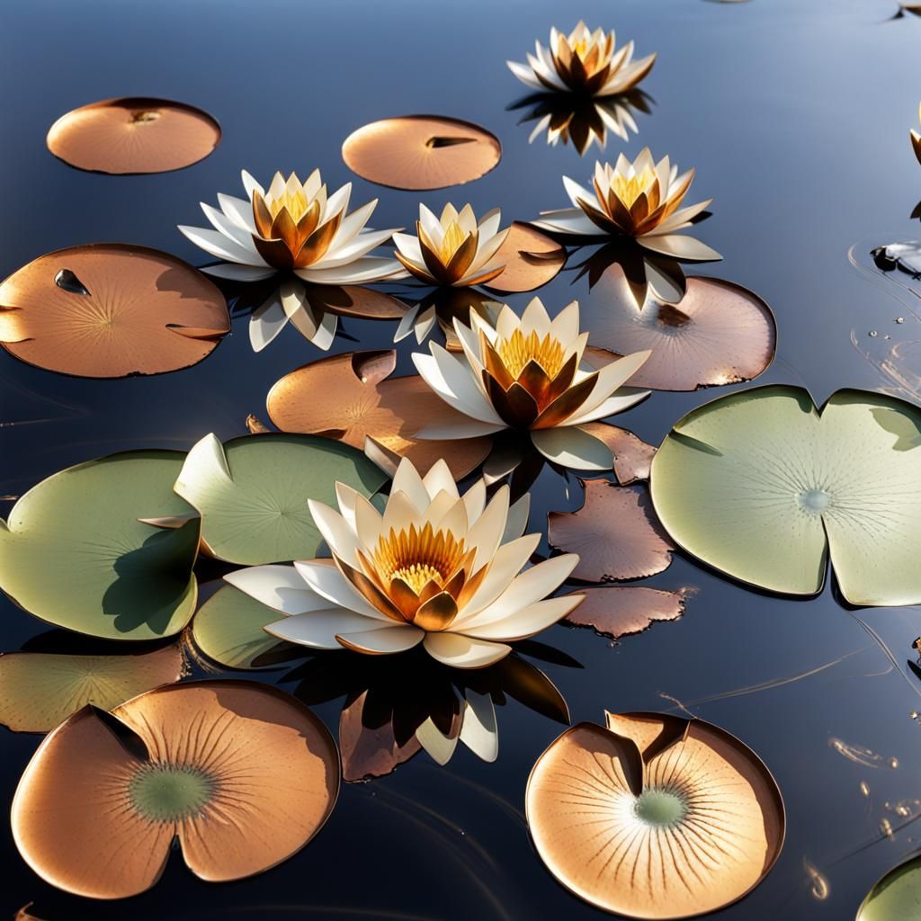 Metallic Water Lilies in a Glistening Pond