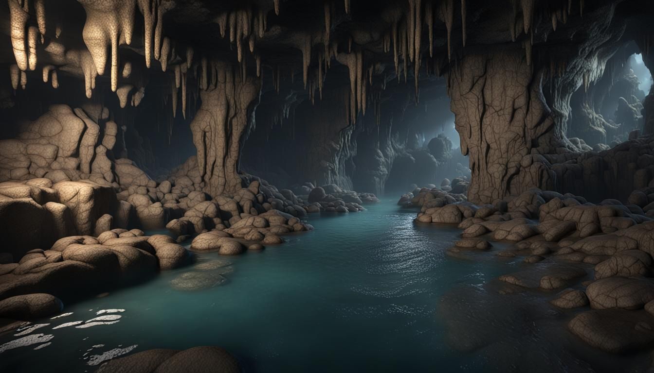 Photorealistic Underground River in Deep Color Cavern