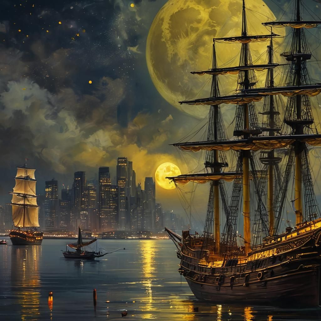 Ethereal Yellow Super Moon Over Coastal Metropolis