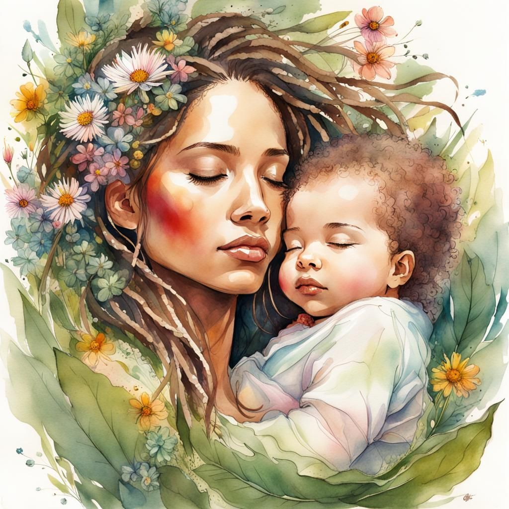 Mother and Child in Watercolor Flower Garden