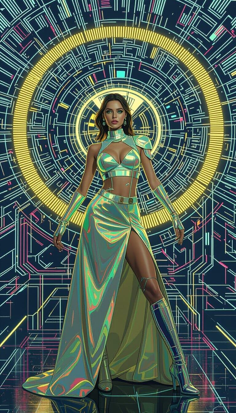 Holographic Woman in Neon Cityscape