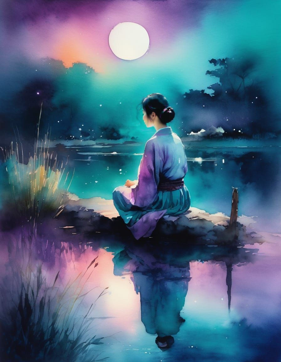 Japanese Woman in Moonlit Garden, Dreamy Watercolor