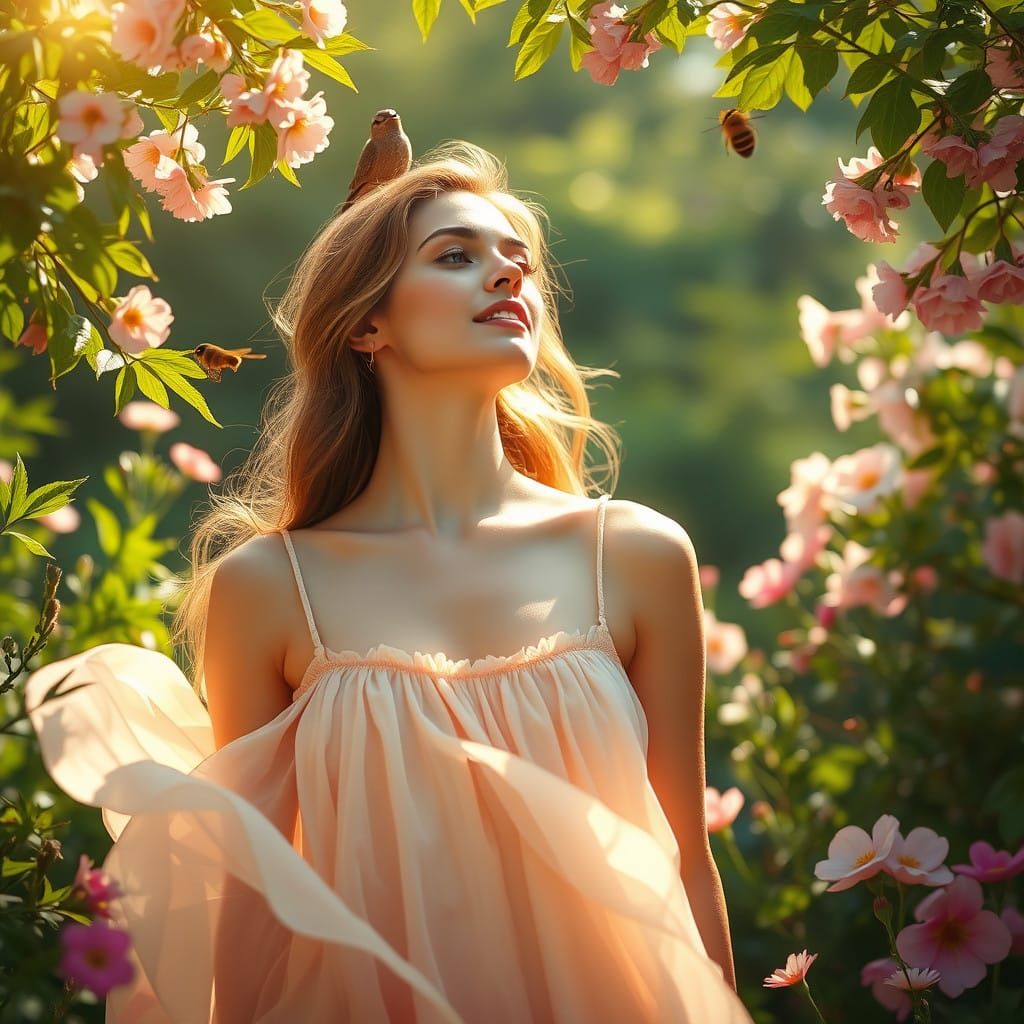 Serene Woman Basks in Spring Morning Radiance