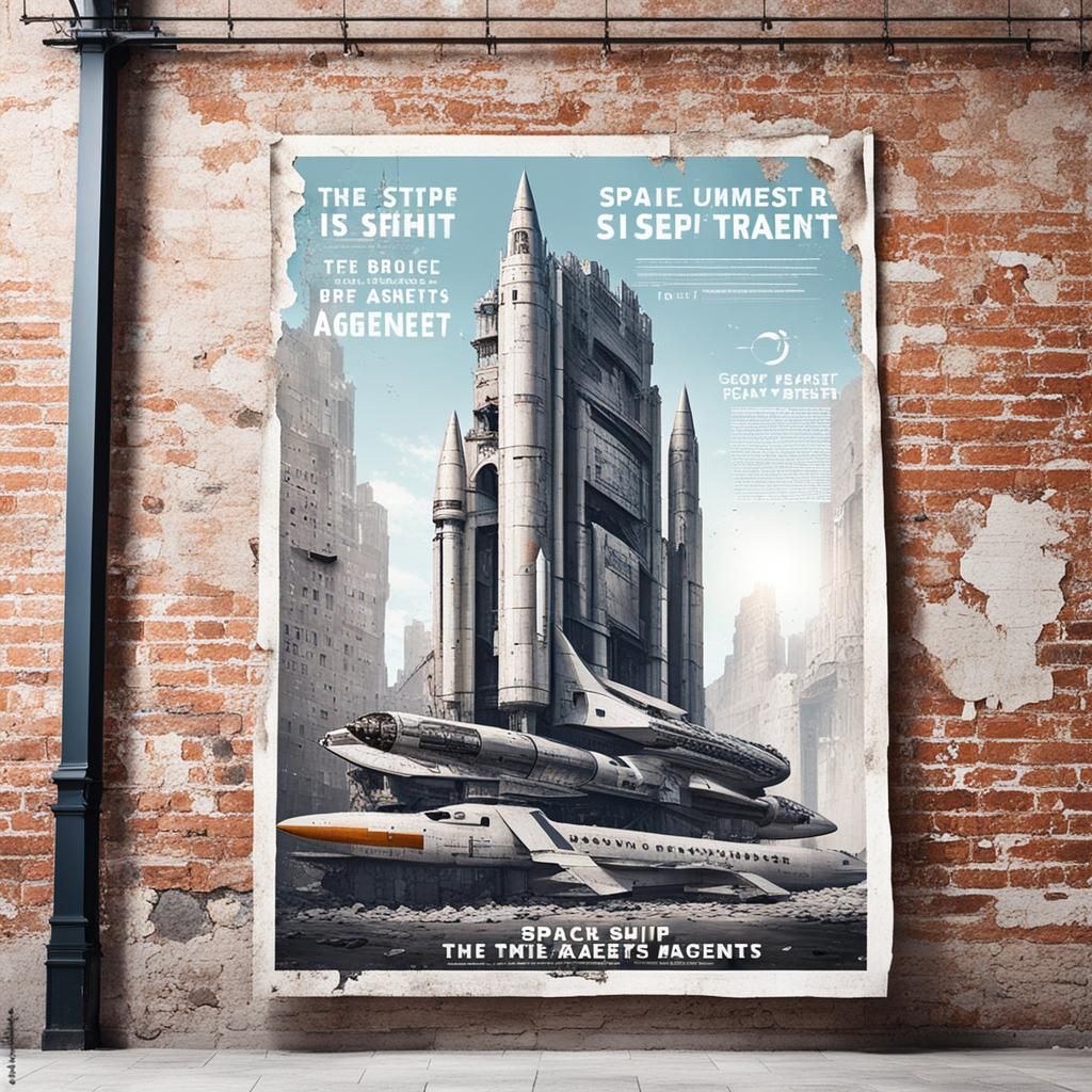 Faded Spaceship Travel Poster on Crumbling Wall