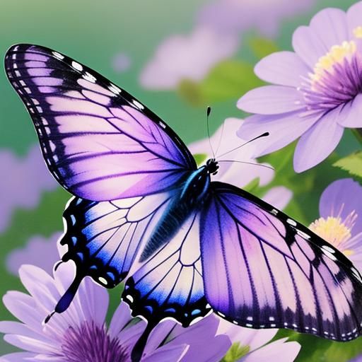 Butterfly Fluttering Among Purple Flowers in Watercolor