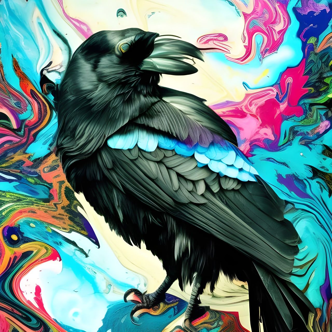 Badass Crow Portrait in Fluid Gouache Style