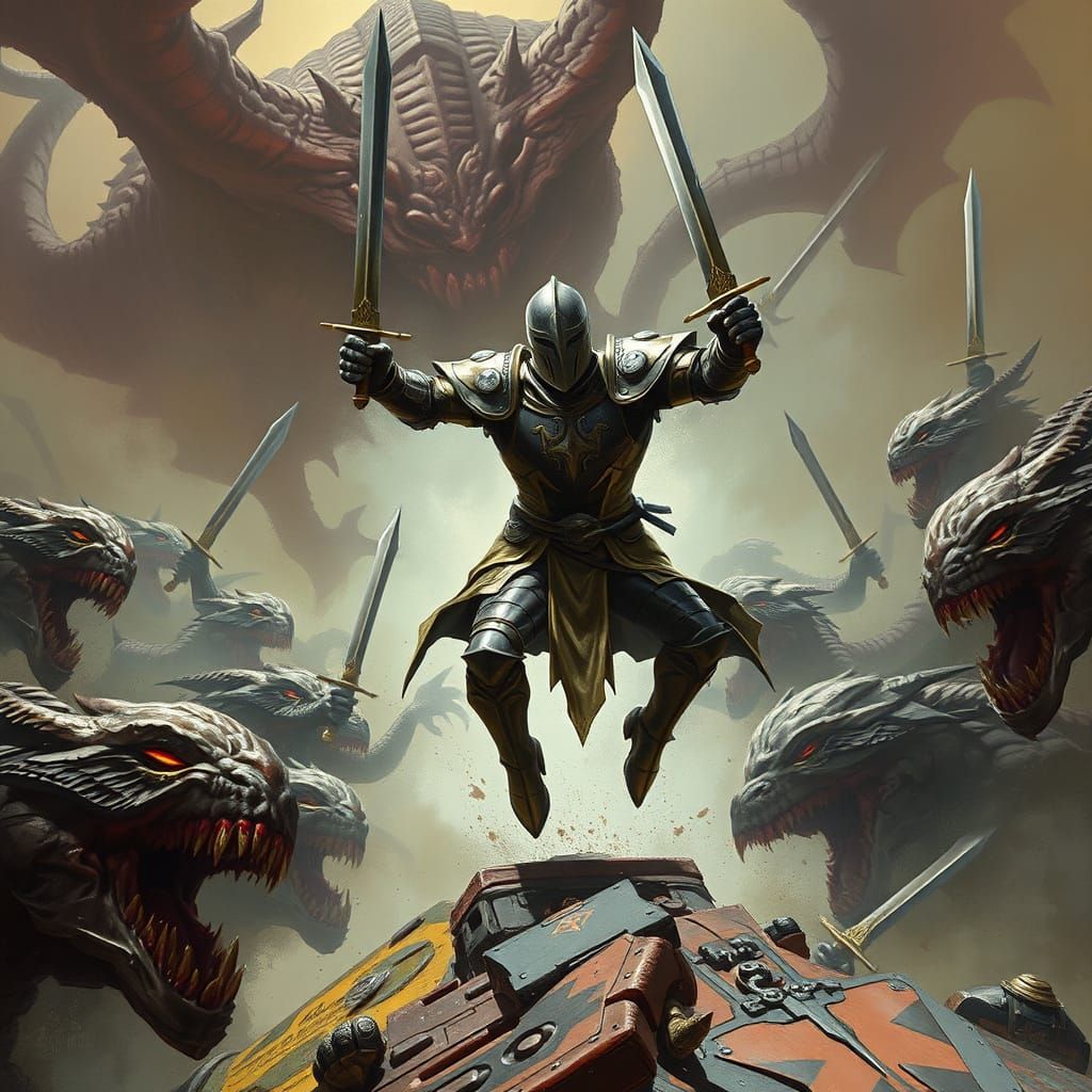 Knight Charges Monster Horde in Digital Illustration