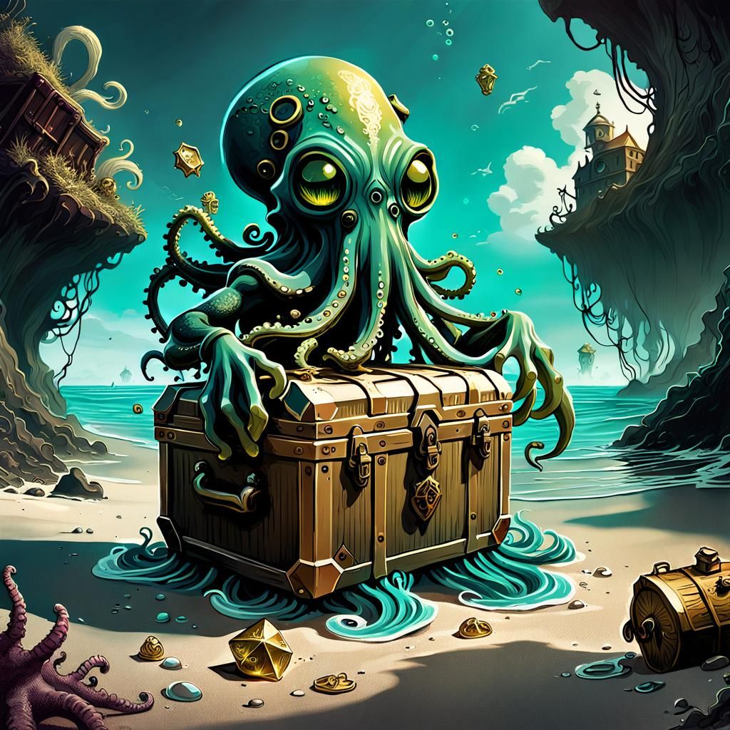 Scuba Diving Cthulhu Finds Treasure: Digital Art