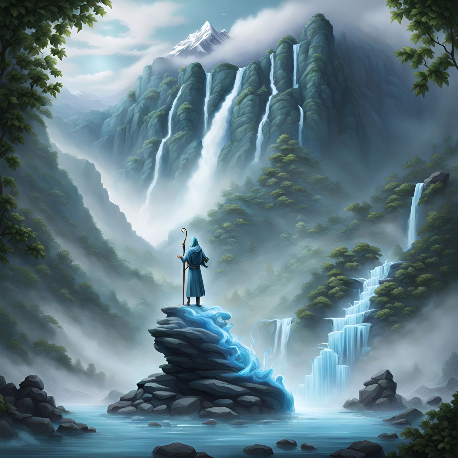 Mystic Staff on Misty Mountain Landscape