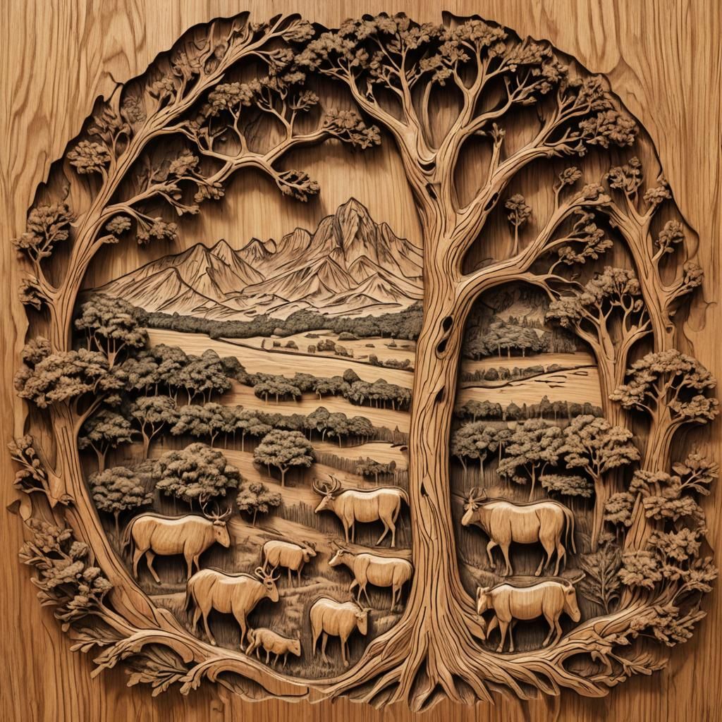 Texas Cedar Carving of Hill Country Landscape