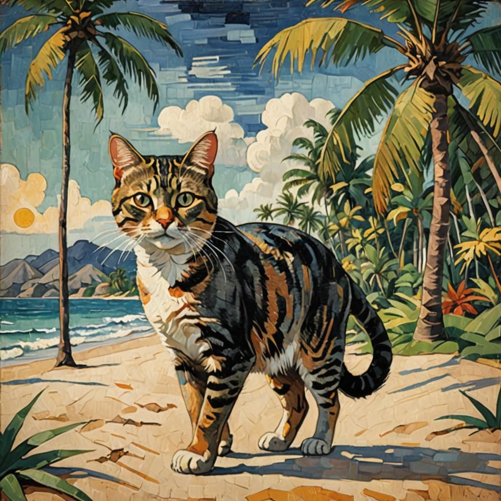 Cat on Tropical Beach in Gauguin Style