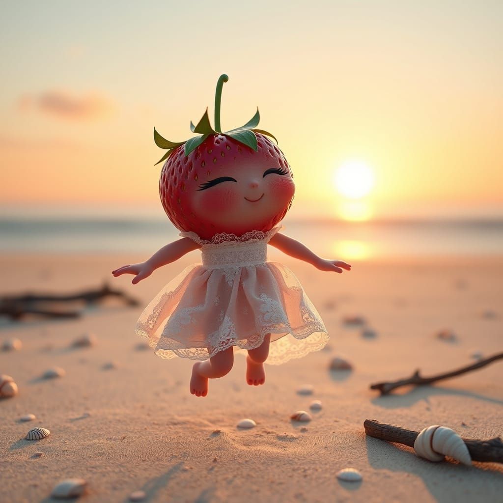 Hyperrealistic Strawberry in Whimsical Beach Scene