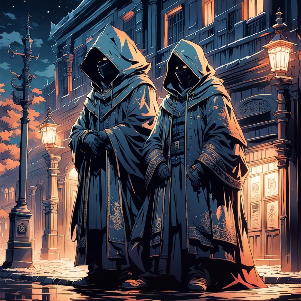Hooded Figures Guarding a Classic Bank at Night