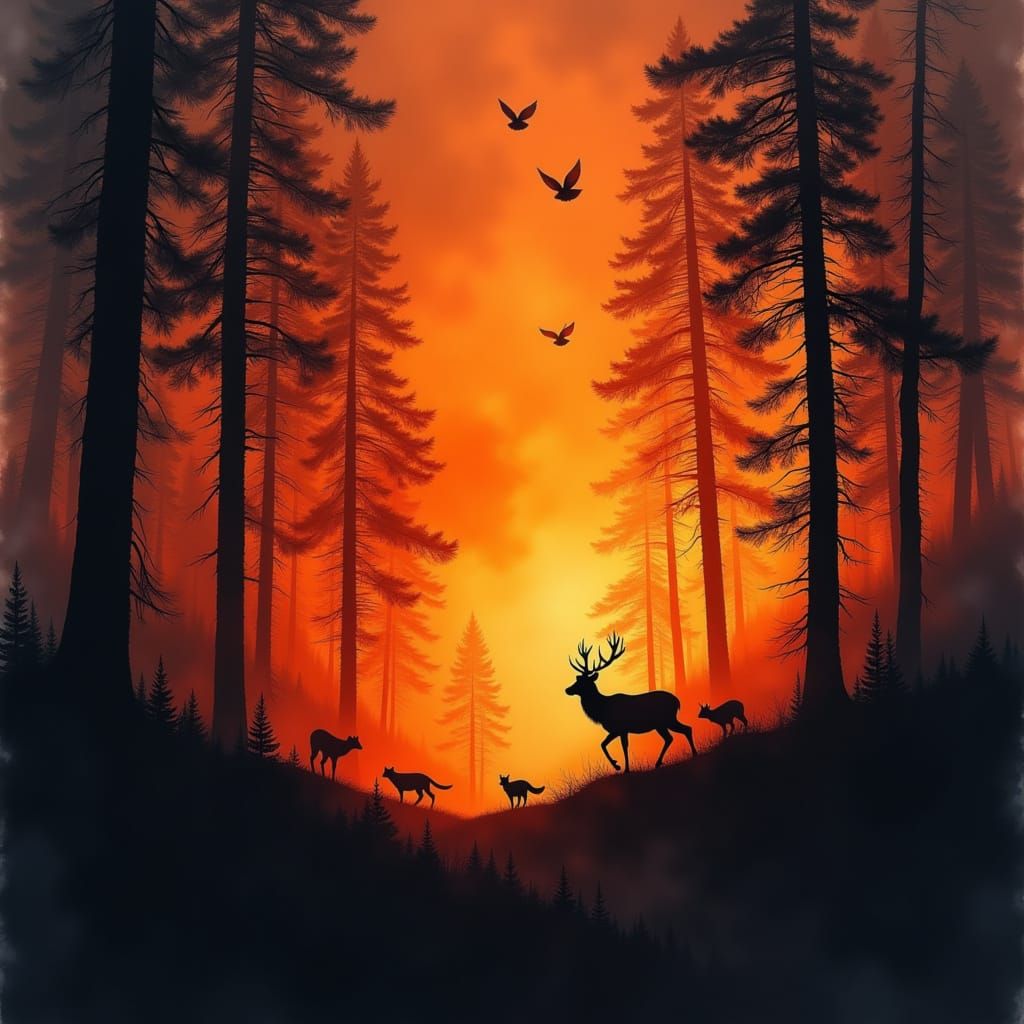 Forest Animals Fleeing Wildfire in Silhouette