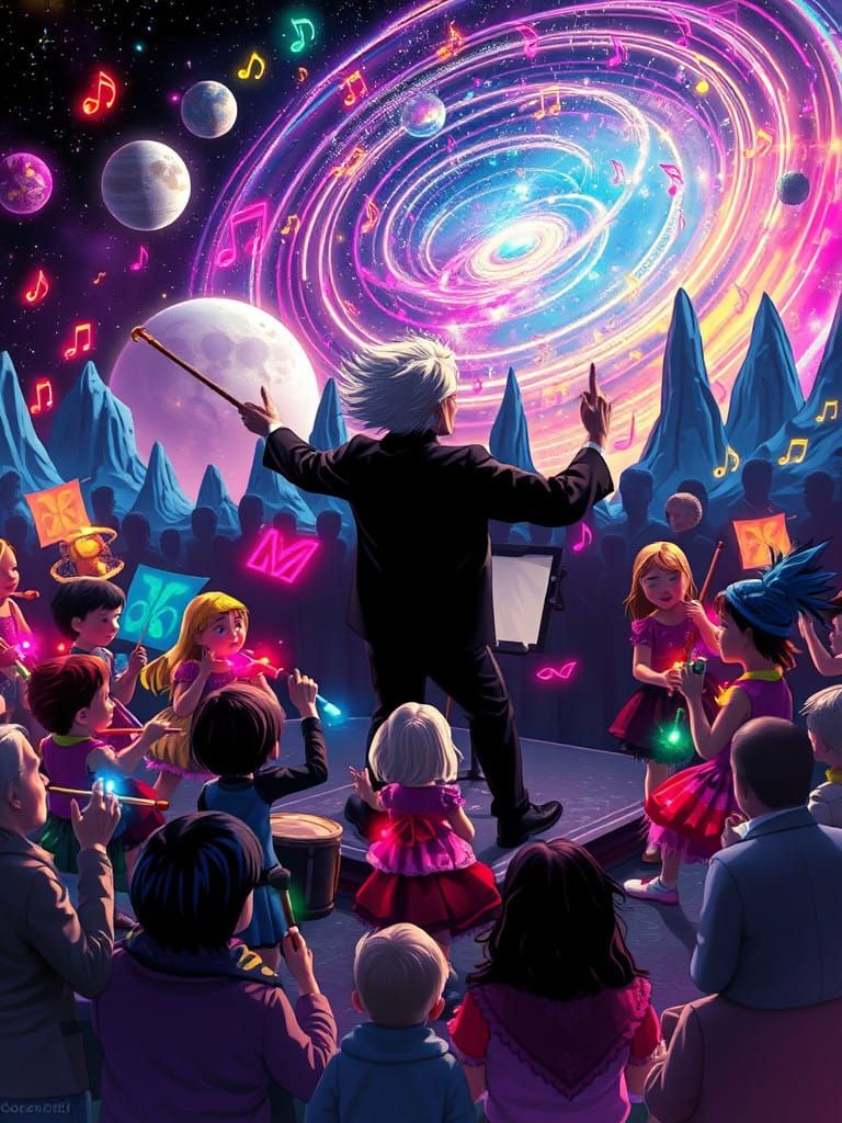Children's Orchestra Plays Cosmic Melody on Moonlit Stage